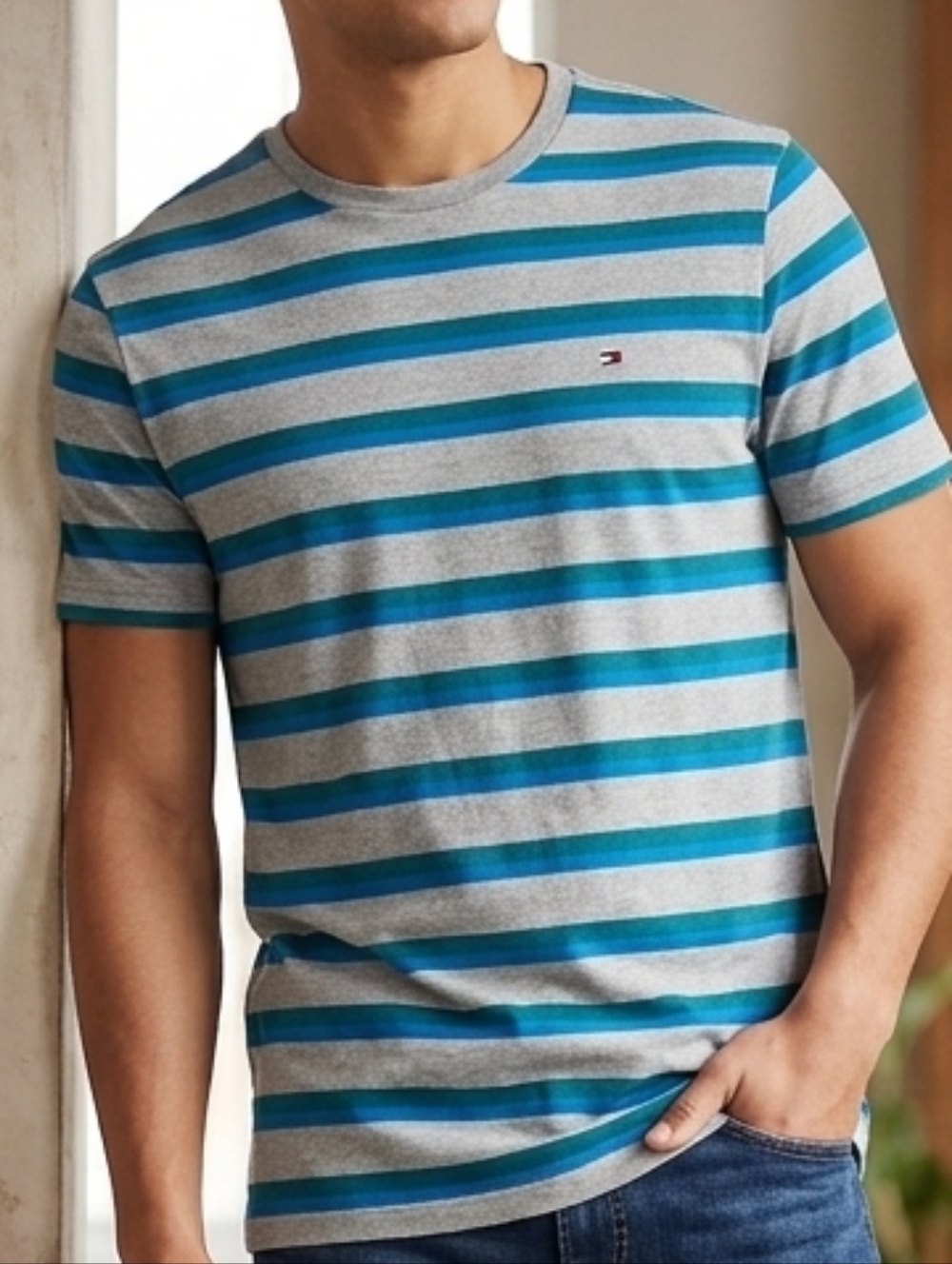 NEW Tommy Hilfiger Men’s Striped T-Shirt - Grey/Blue/Teal - Size Medium (NWT)